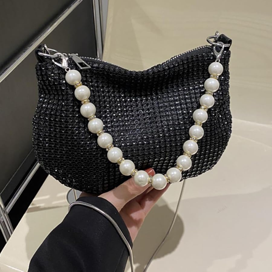 Octwine Black Shinny Rhinestones Evening Pearls Bucket Purse